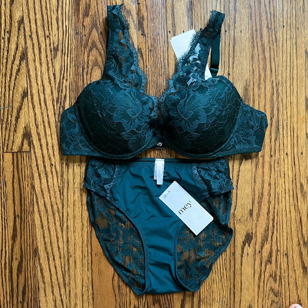 Green lace plunge bra set